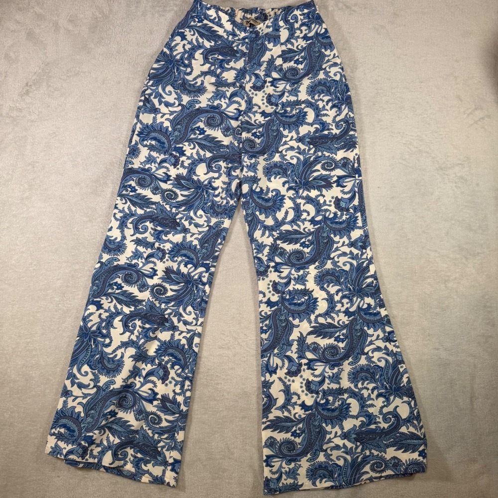 Show Me Your Mumu Blue Paisley Wide Leg Flare Pants High Waisted Stretch Small